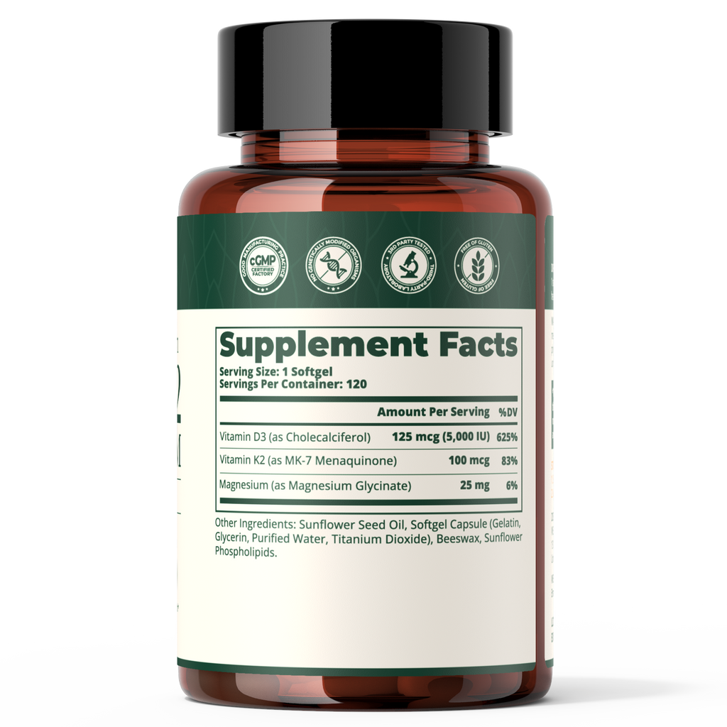 Vitamin D3 K2 5000IU 100mcg MK-7 with Magnesium Glycinate