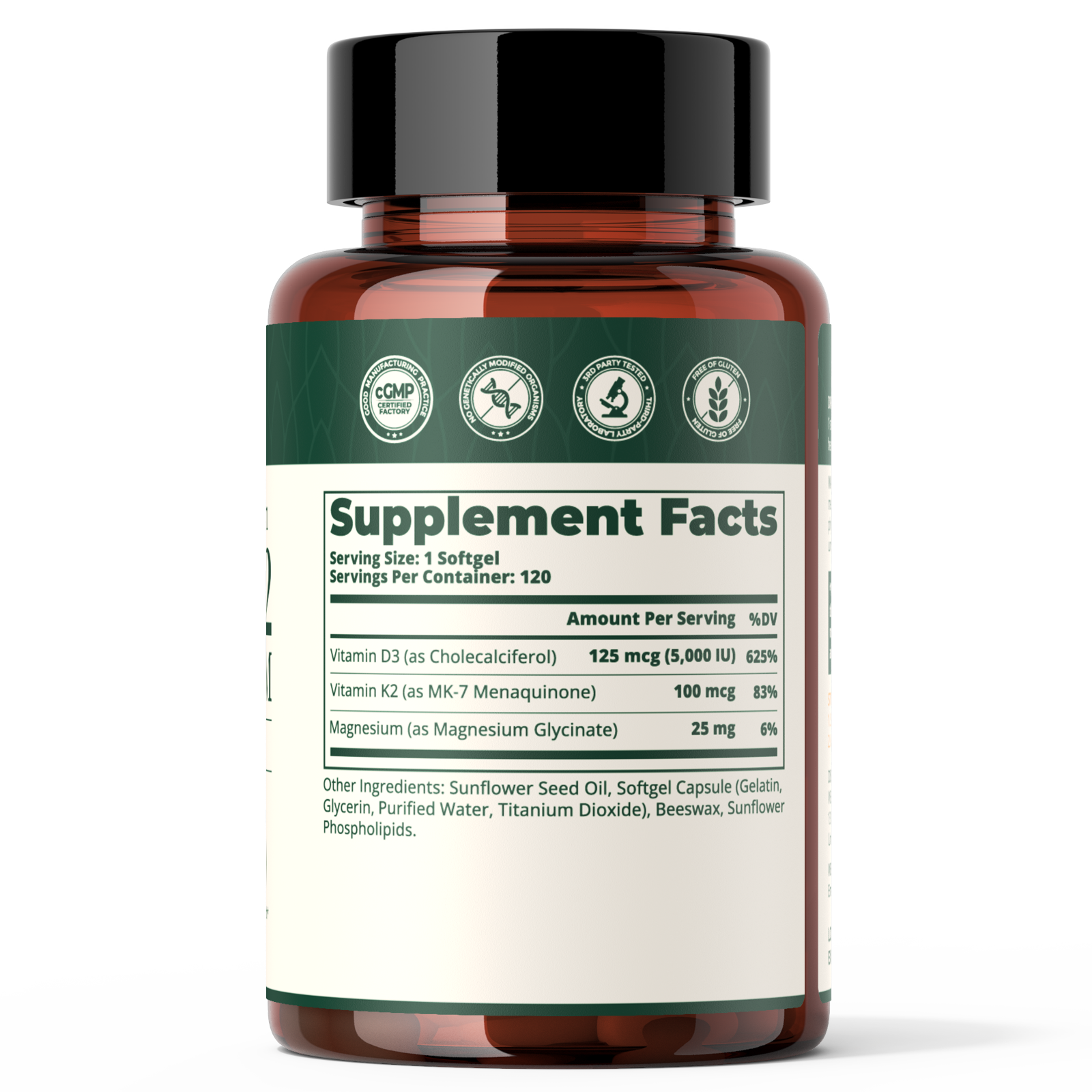 Vitamin D3 K2 5000IU 100mcg MK-7 with Magnesium Glycinate