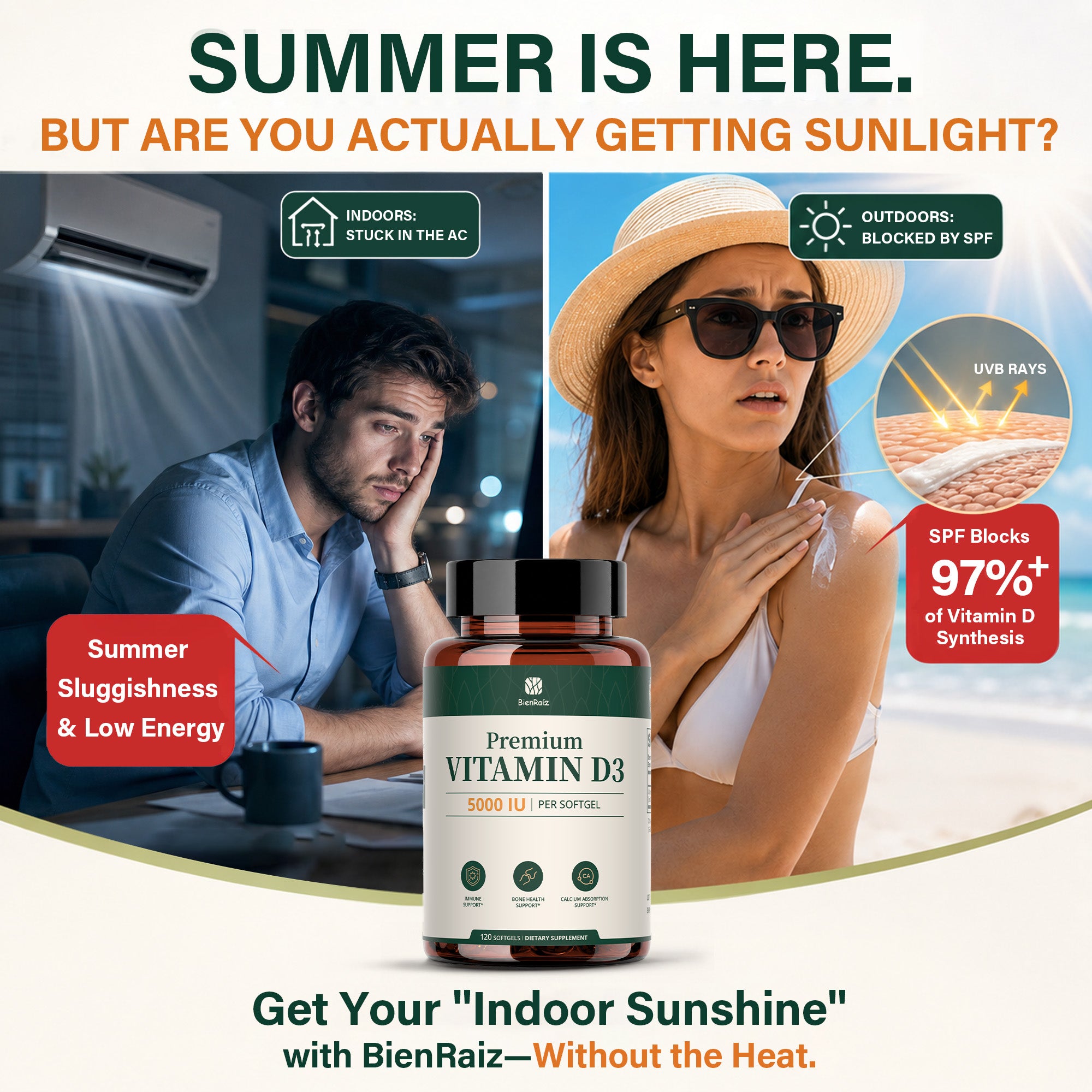 Vitamin D3 5000 IU Softgels, Sunflower Oil, Immune & Bone Support, 120 Caps