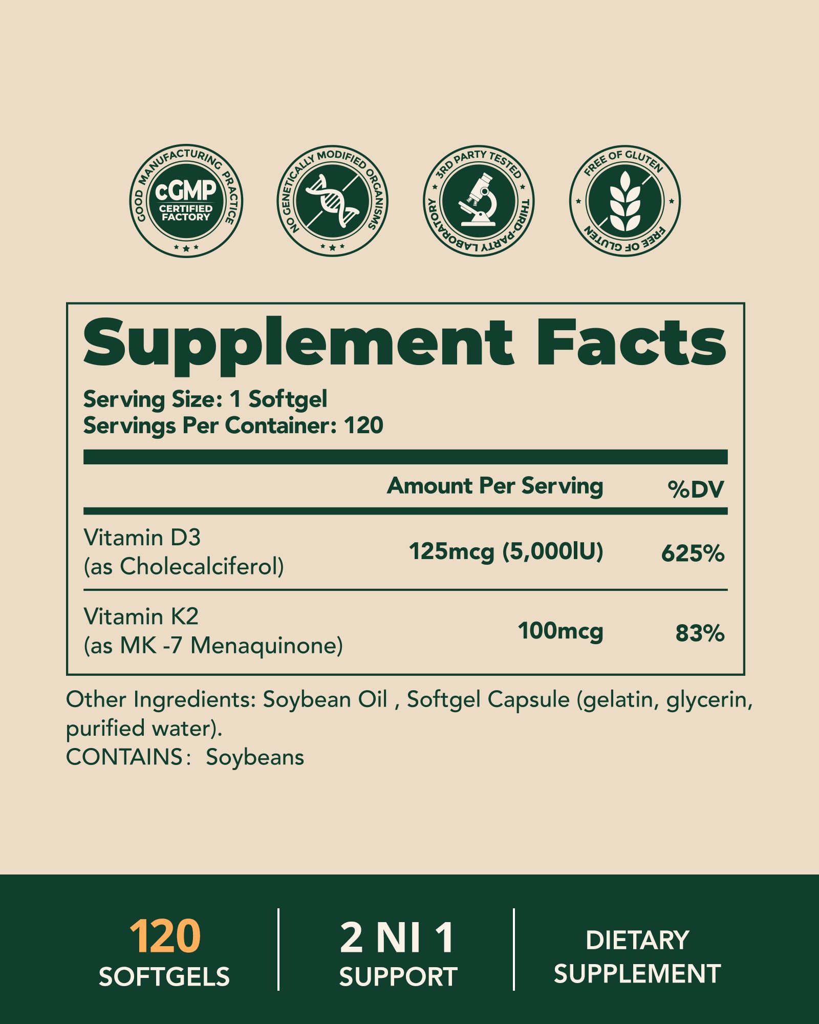 2-in-1 Vitamin D3 K2 Supplement 5000IU 100mcg MK-7