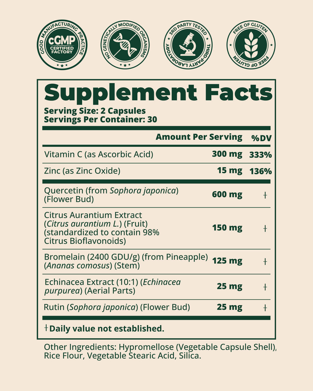 Quercetin 600mg with Bromelain, Vitamin C & Zinc
