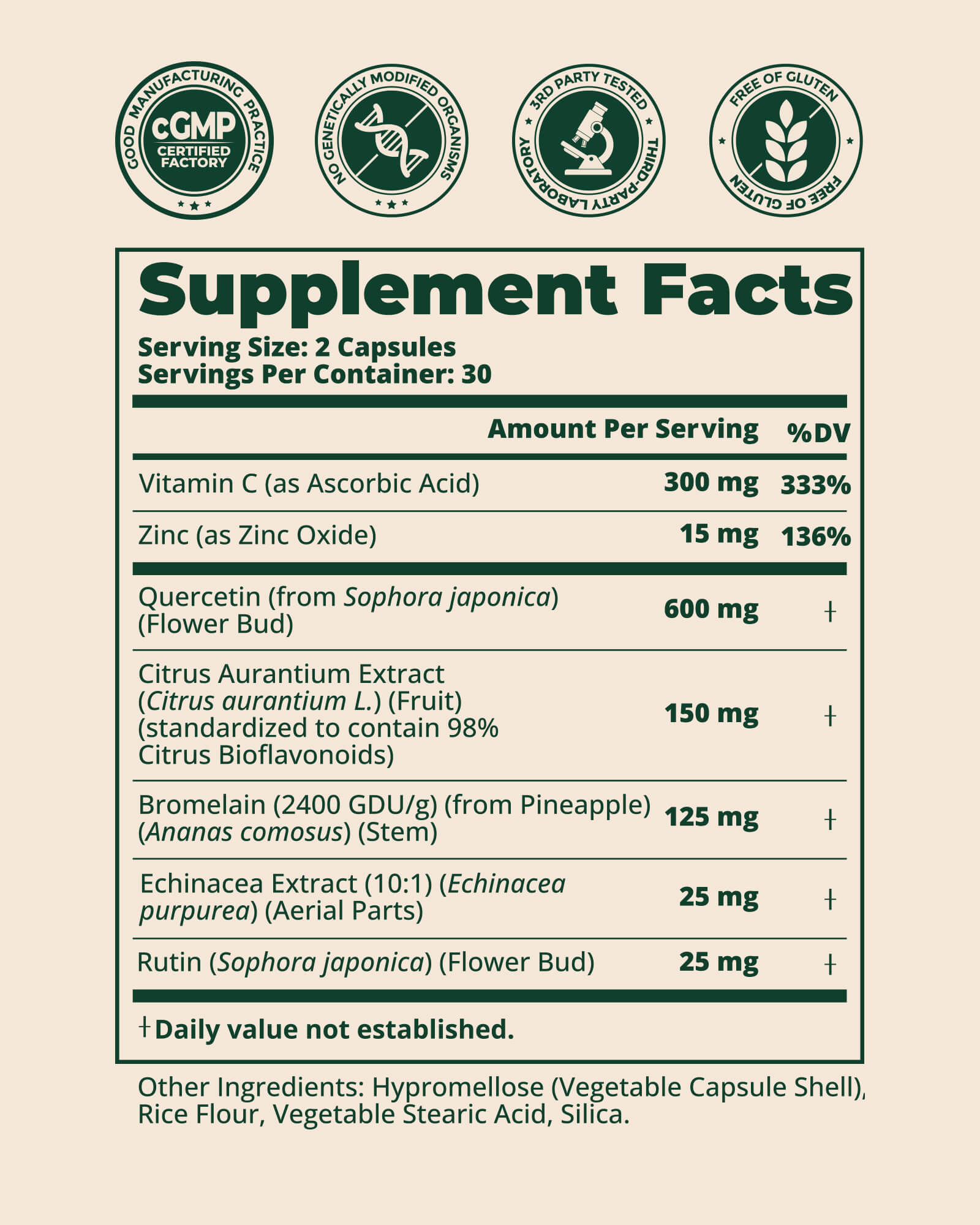 Quercetin 600mg with Bromelain, Vitamin C & Zinc