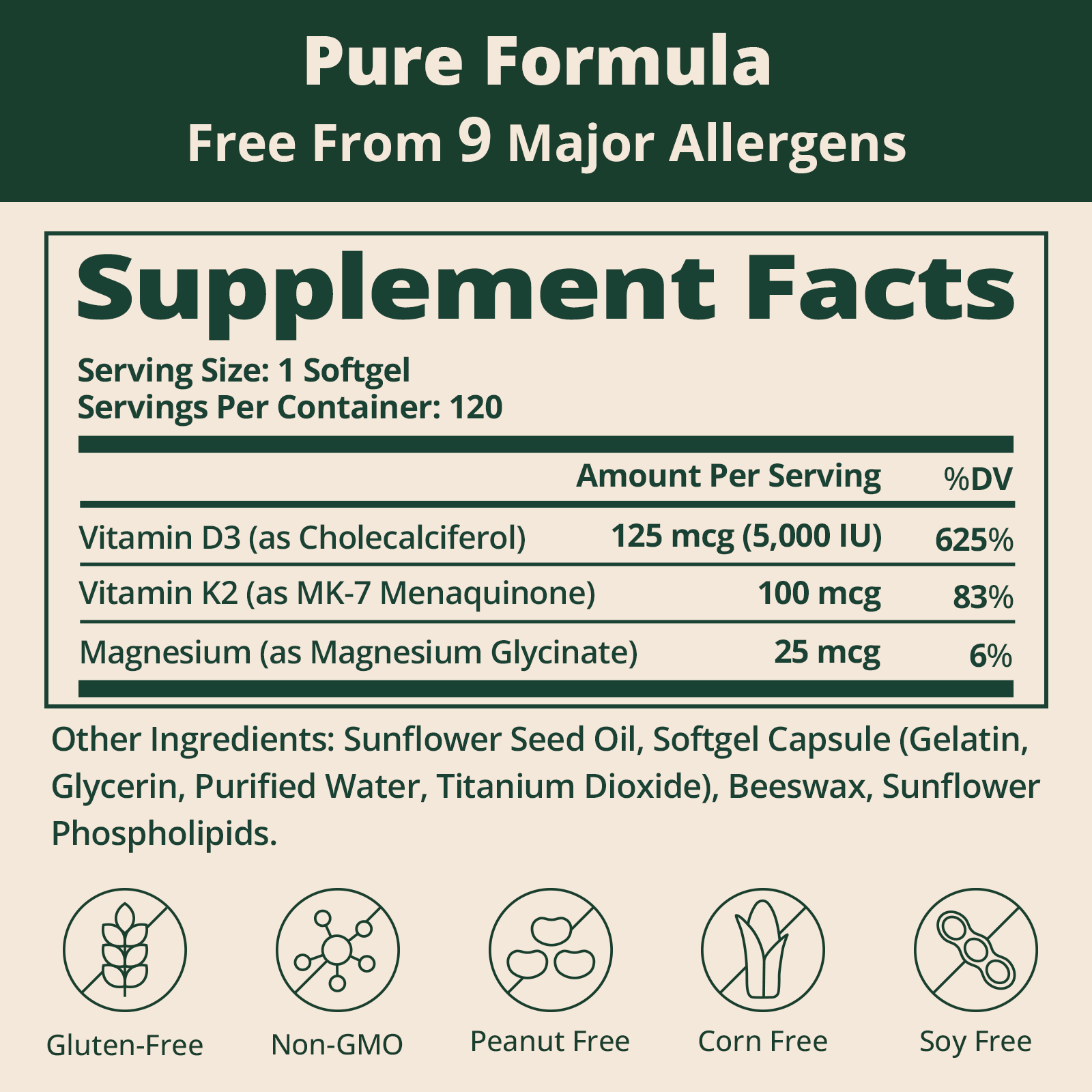 Vitamin D3 K2 5000IU 100mcg MK-7 with Magnesium Glycinate