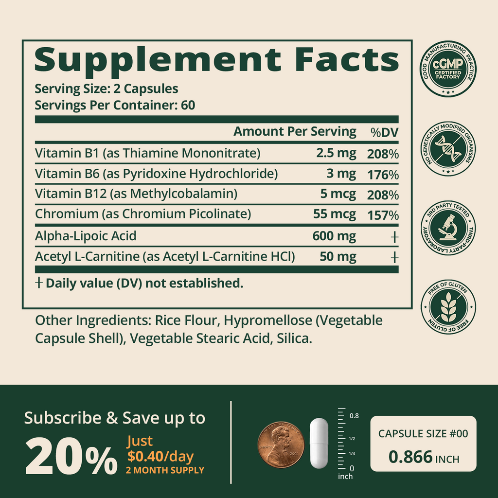 ALA 600mg Capsules with ALCAR & Chromium - 60 Ct