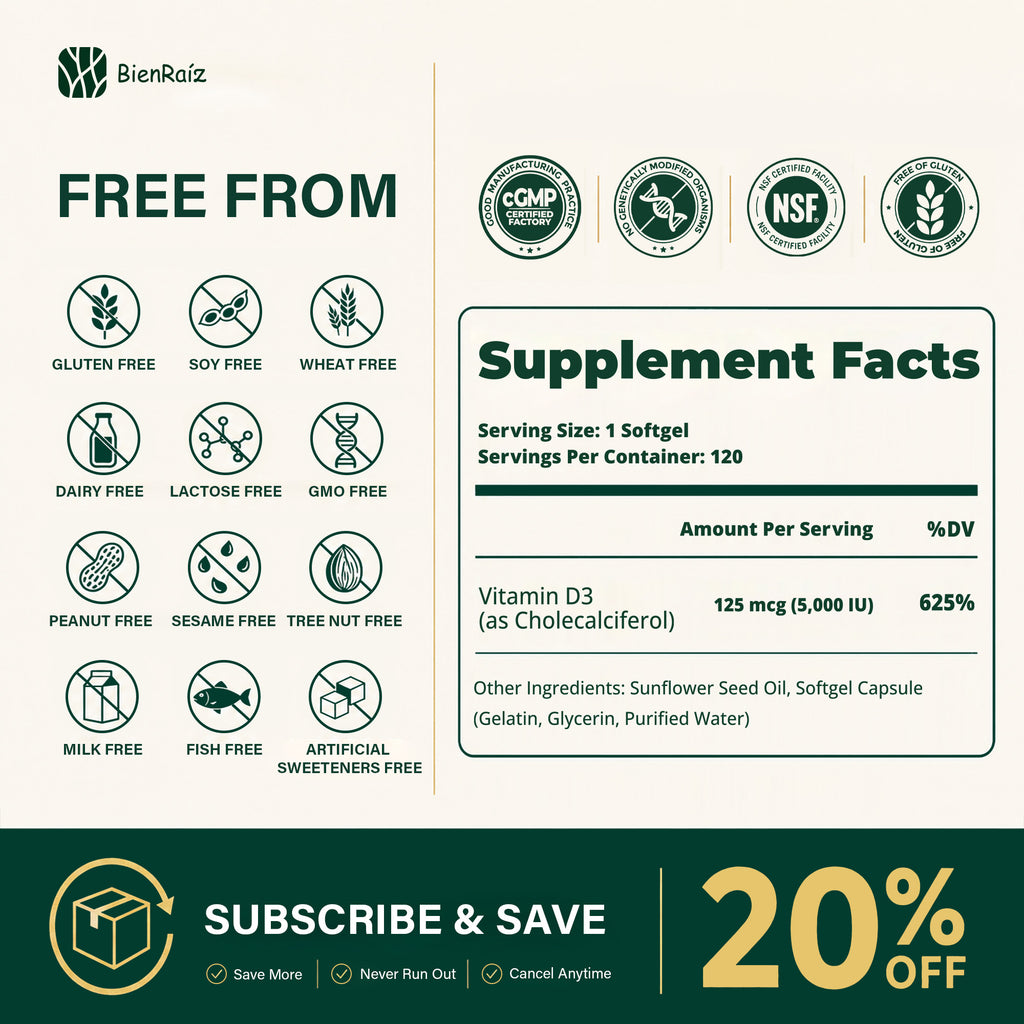 Vitamin D3 5000 IU Softgels, Sunflower Oil, Immune & Bone Support, 120 Caps