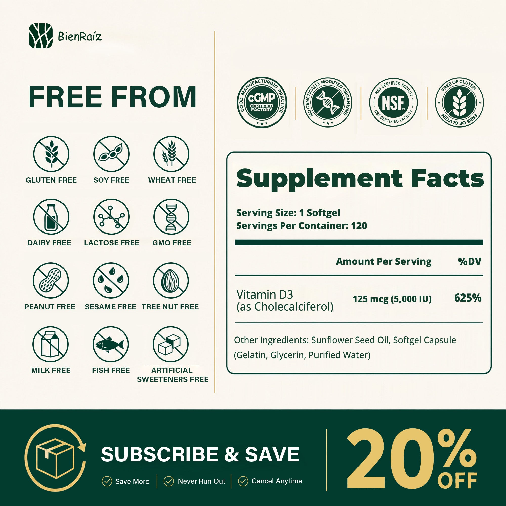 Vitamin D3 5000 IU Softgels, Sunflower Oil, Immune & Bone Support, 120 Caps