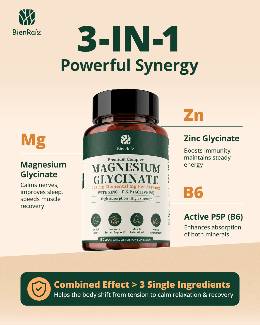 Magnesium Glycinate 275mg with Zinc & B6, 180 Caps