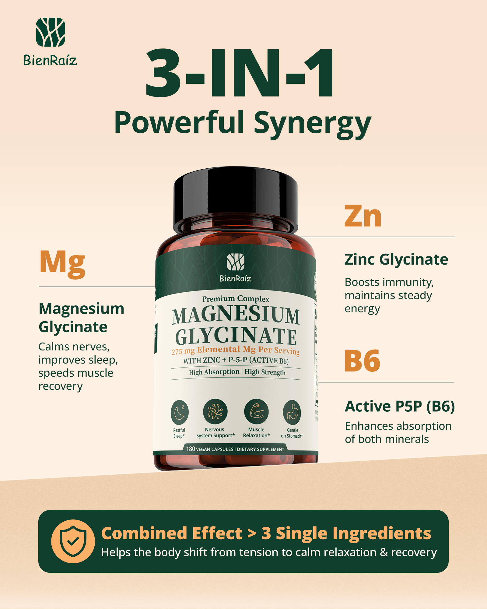 Magnesium Glycinate 275mg with Zinc & B6, 180 Caps