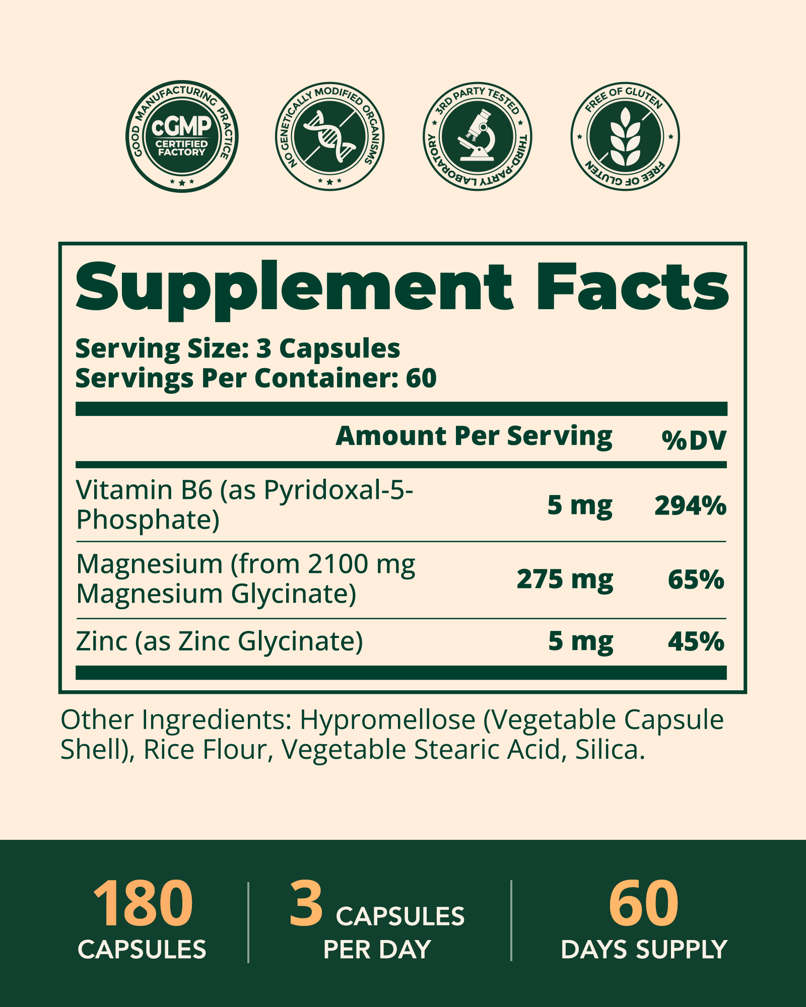 Magnesium Glycinate 275mg with Zinc & B6, 180 Caps