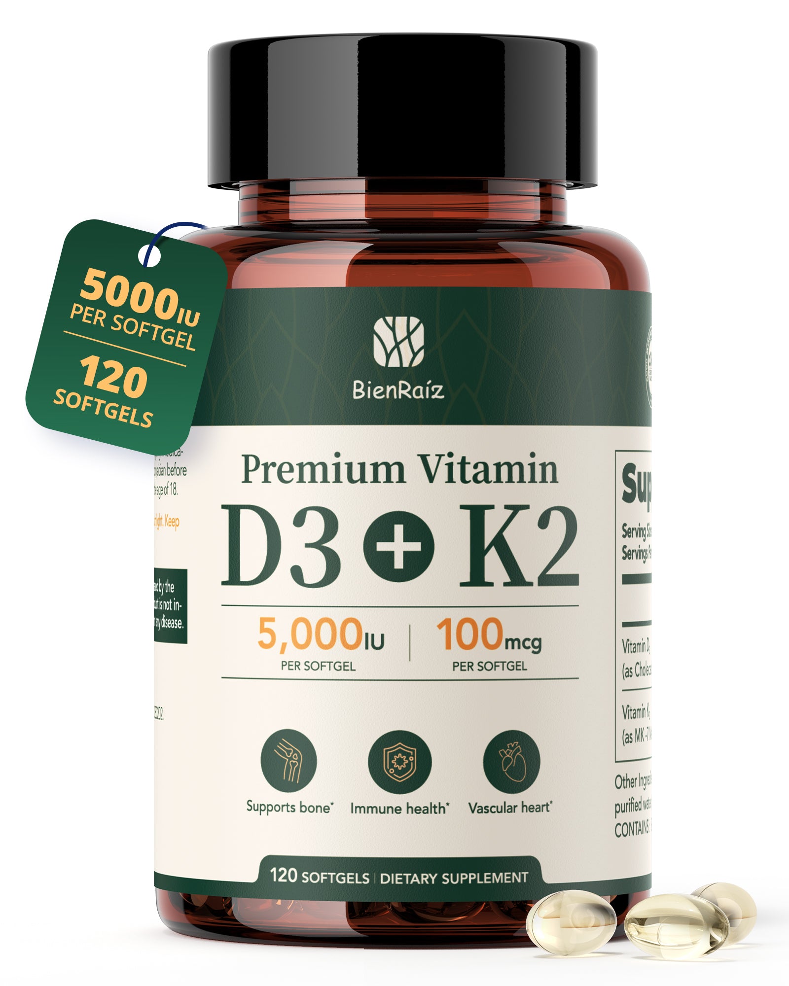 2-in-1 Vitamin D3 K2 Supplement 5000IU 100mcg MK-7