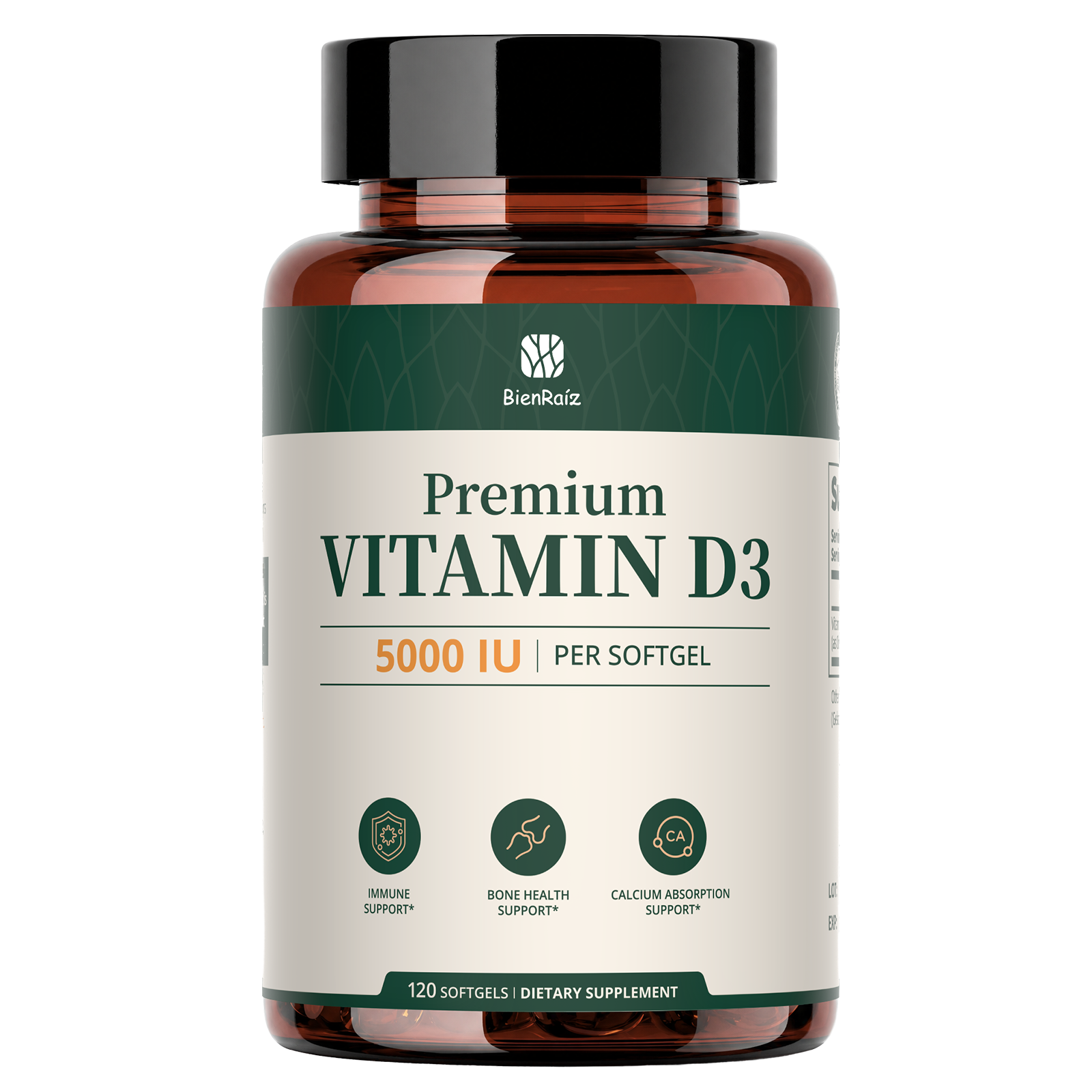 Vitamin D3 5000 IU Softgels, Sunflower Oil, Immune & Bone Support, 120 Caps