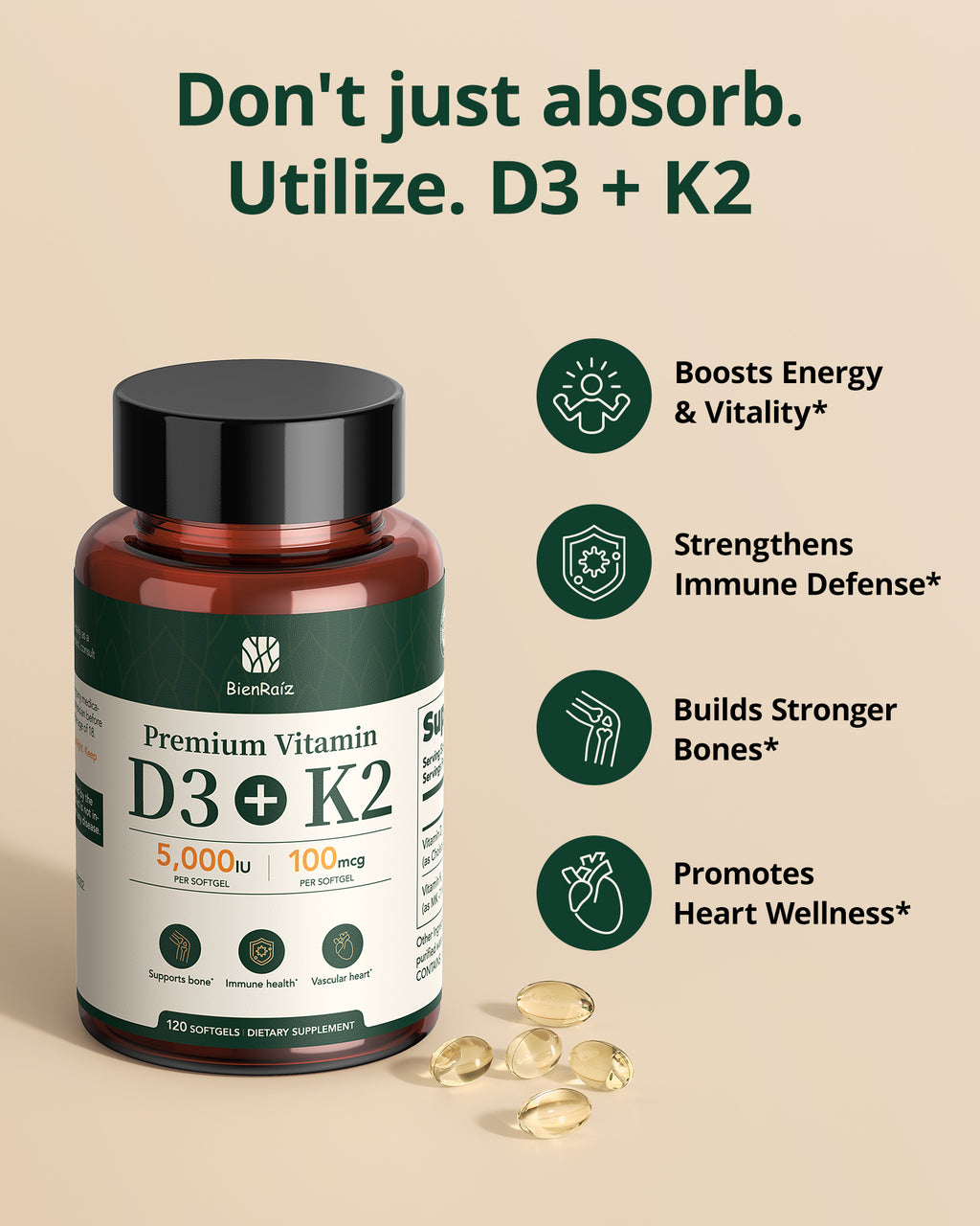 2-in-1 Vitamin D3 K2 Supplement 5000IU 100mcg MK-7