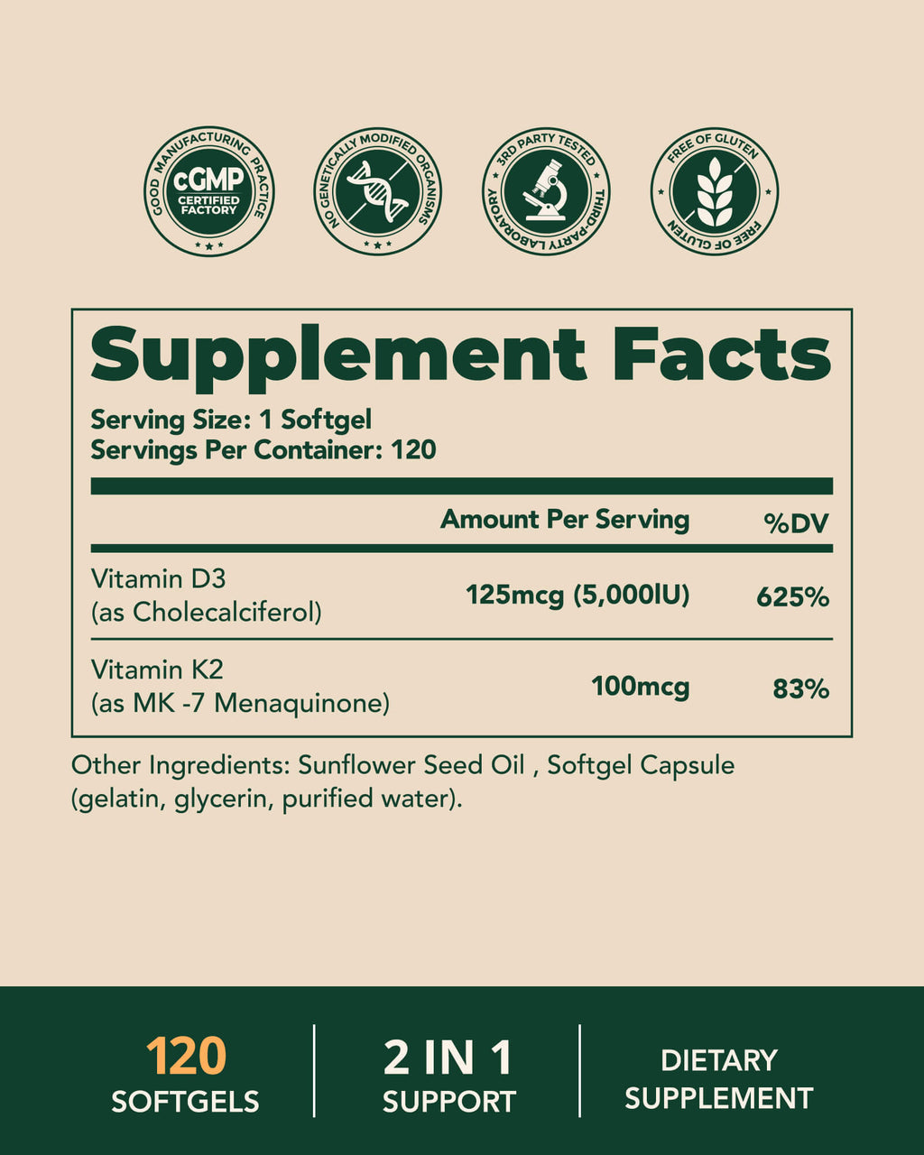 Vitamin D3 K2 5000 IU 100mcg MK-7