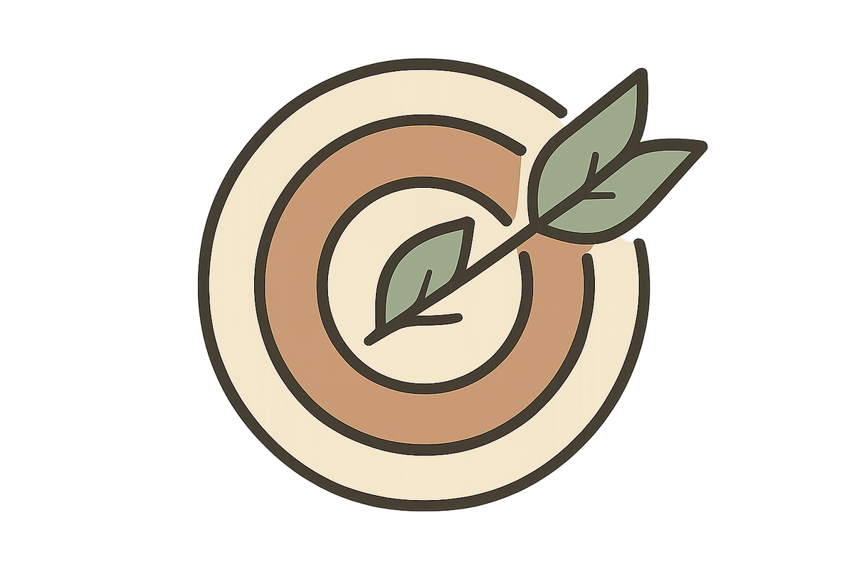 Minimalist herbal-inspired icon of a target with a leaf-shaped arrow in the center, flat vector style, clean lines, transparent background.