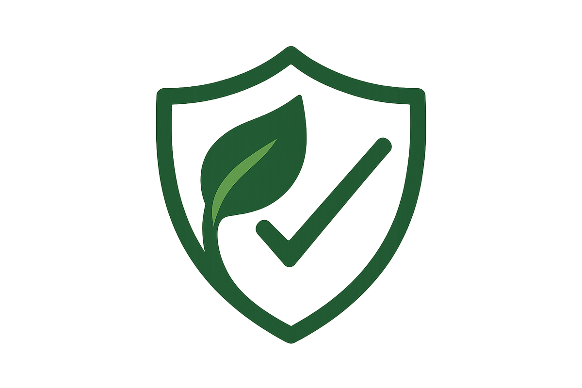 Simple flat icon of a shield combined with a leaf and a check mark, symbolizing Trusted Quality and natural purity. Minimalist, clean vector style, transparent background.
