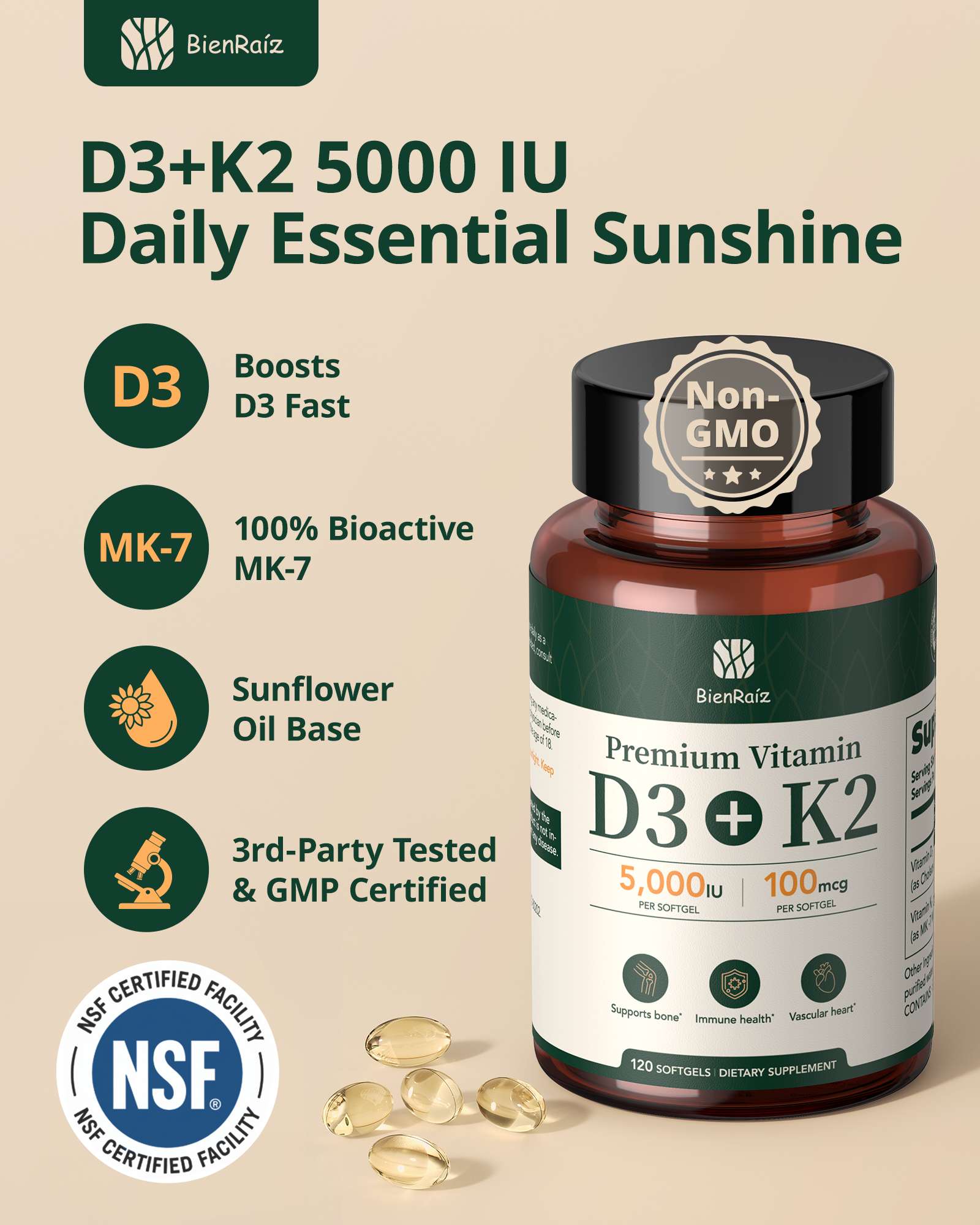 Vitamin D3 K2 5000 IU 100mcg MK-7